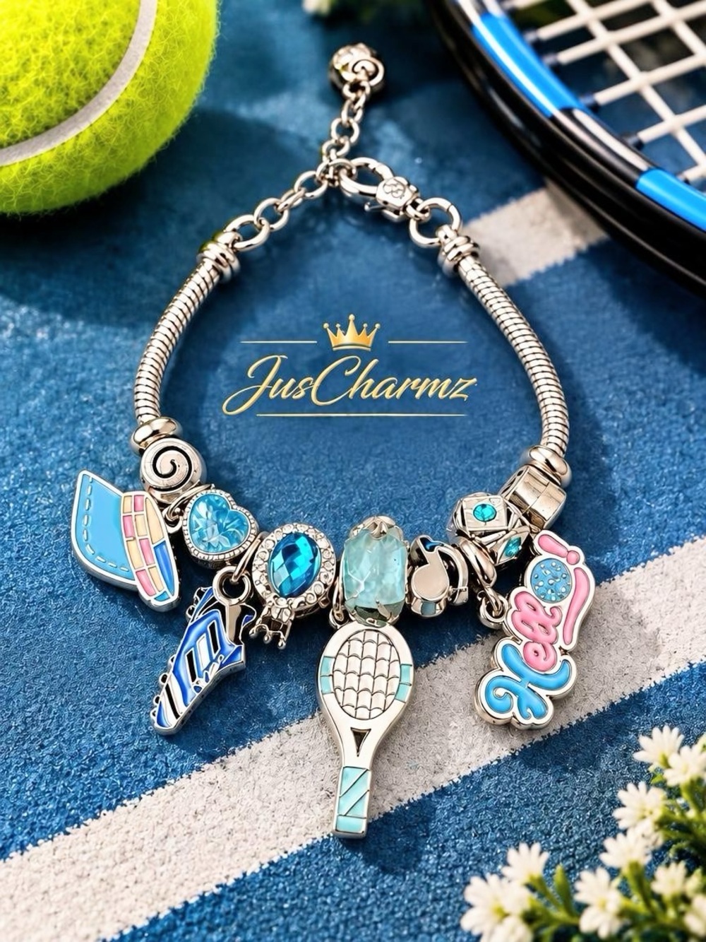 🎾 Preppy Tenniscore Silver Blue Crystal Charm Bracelet